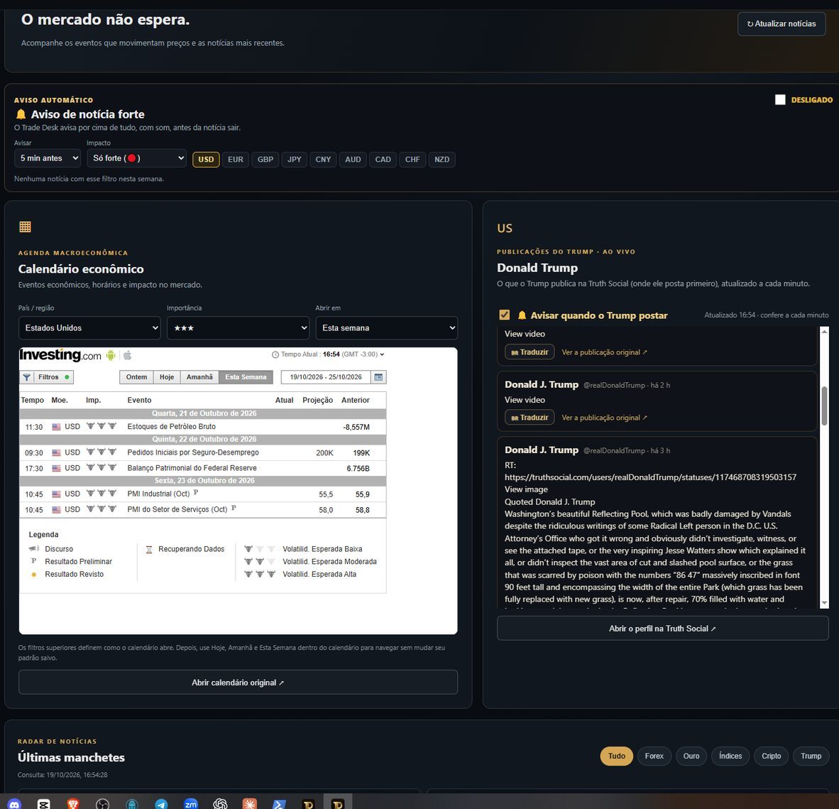Página de notícias e calendário econômico